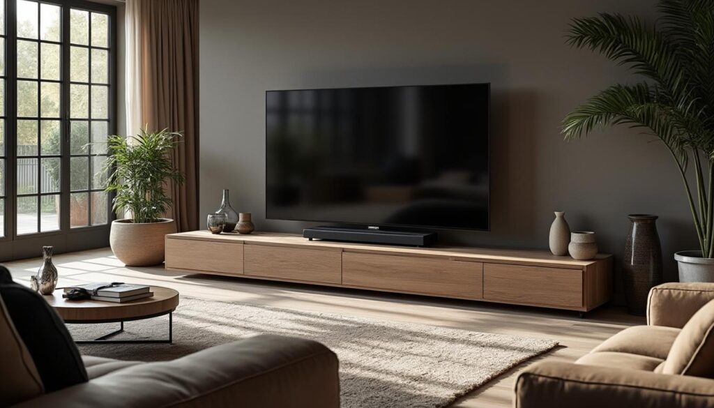 découvrez le meuble tv avec enceinte intégrée proposé par leclerc, alliant design moderne et pratique. transformez votre espace de vie en ajoutant ce must-have qui allie style et qualité sonore pour une expérience de divertissement inégalée.
