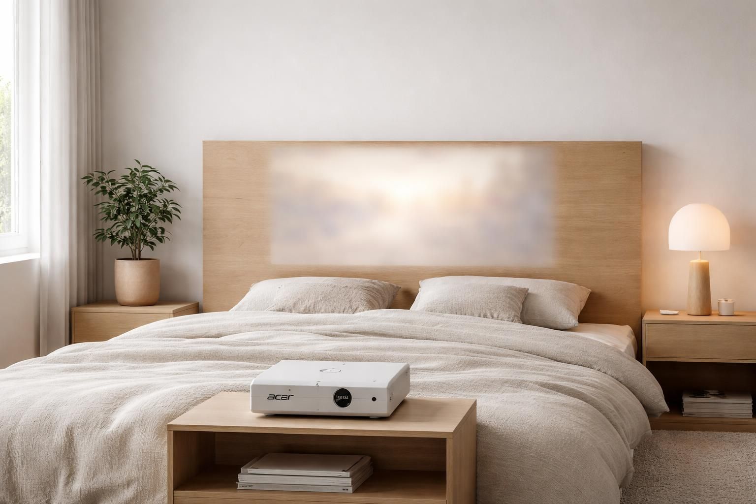 découvrez une chambre innovante avec une tête de lit intégrant un vidéoprojecteur acer avant découpe, alliant design moderne et technologie pour une expérience immersive.