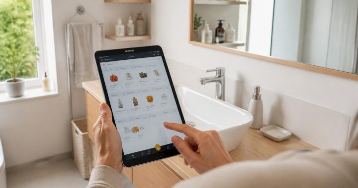 Salle de bain : préparer les achats sur tablette Samsung Galaxy
