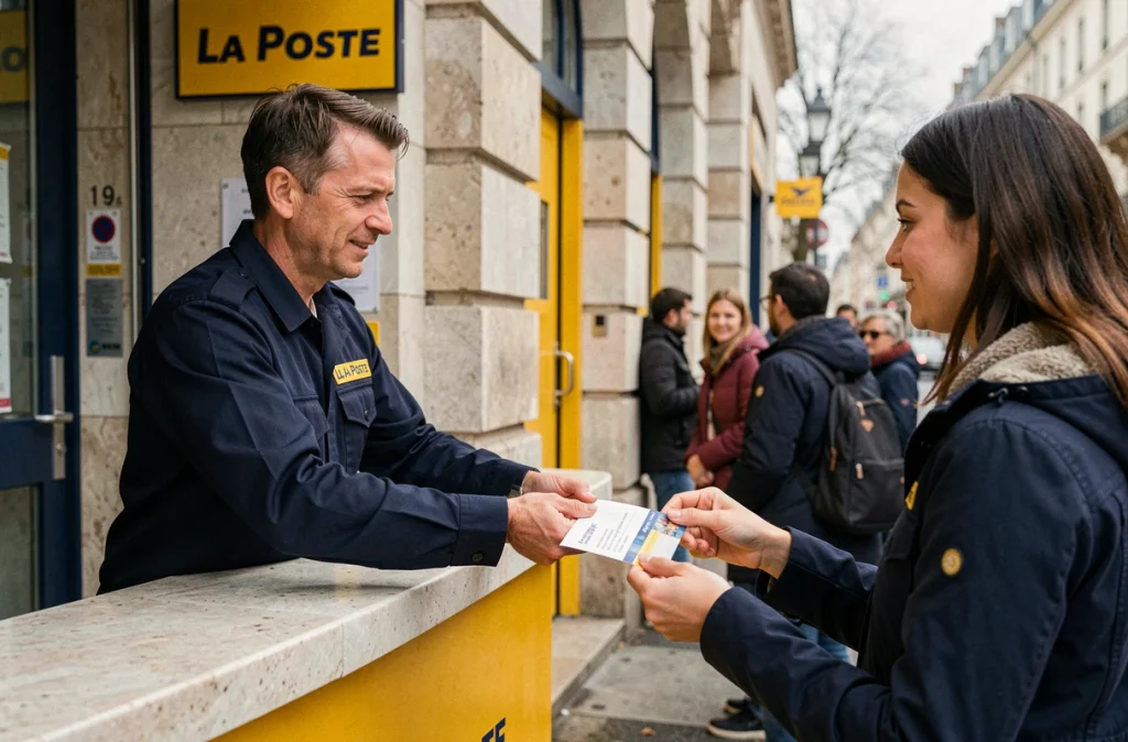 Agent postal remettant un accusé de réexpédition de courrier à une cliente devant un bureau de poste