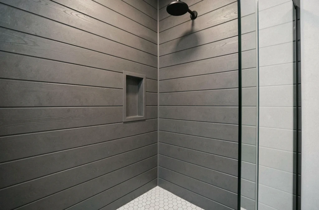 Angle intérieur d'une douche italienne avec panneaux PVC anthracite, niche encastrée et robinetterie noire mate