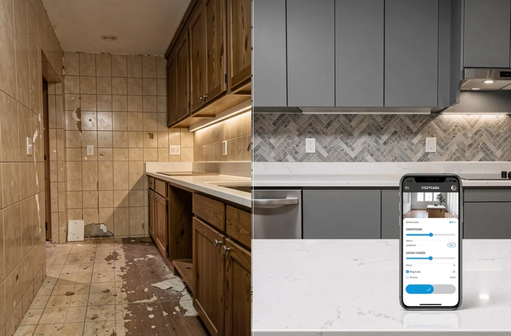 Vue avant-après d'une cuisine rénovée illustrant la simulation de rénovation intérieure avec application COZYCASA sur smartphone