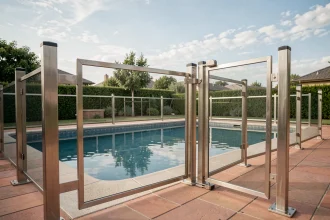 Barrière de sécurité en acier inoxydable avec portillon auto-fermant autour d'une piscine extérieure moderne