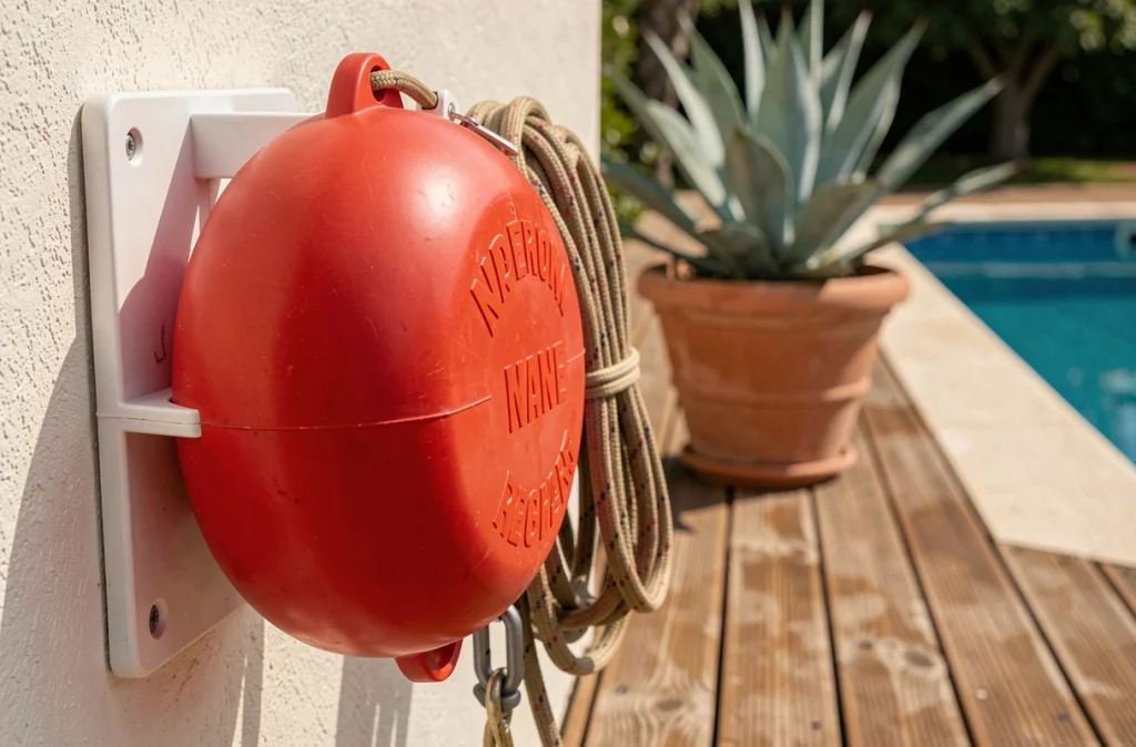 Bouée de sauvetage rouge et corde de secours fixées au bord d'une piscine en teck