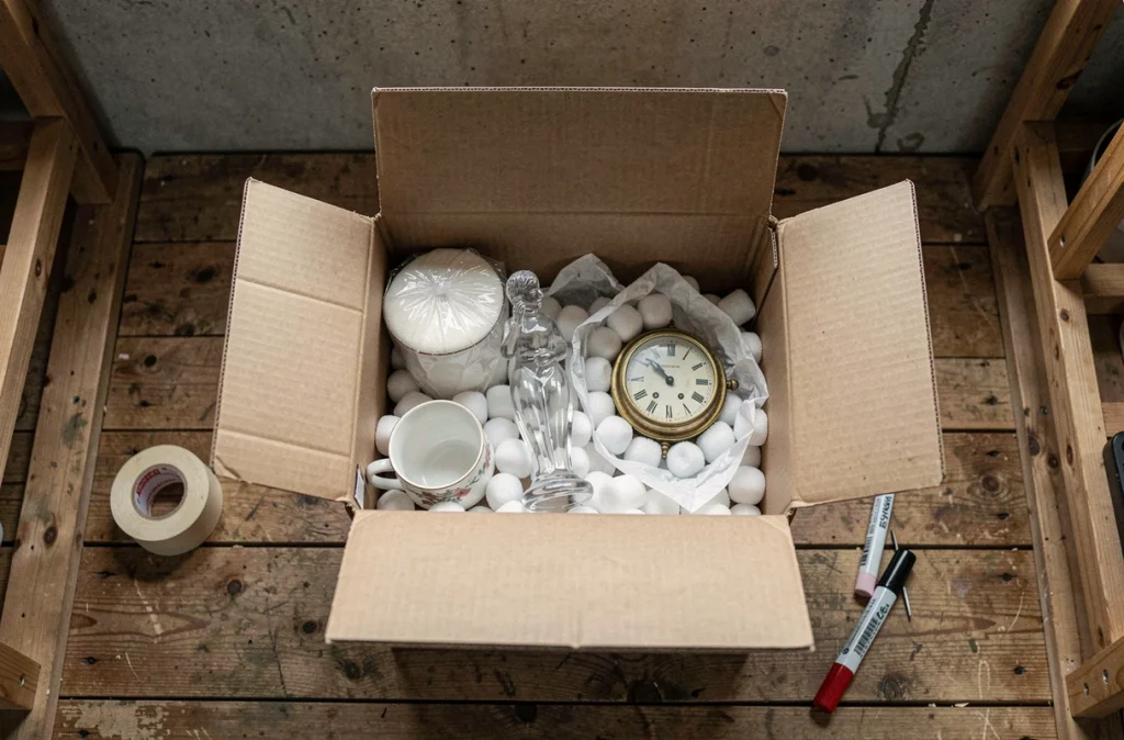 Vue de dessus d'un carton de déménagement ouvert avec des objets fragiles emballés dans du papier de soie, mousse et copeaux de calage
