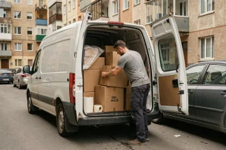 Homme chargeant des cartons dans un utilitaire blanc devant un immeuble résidentiel lors d'un déménagement