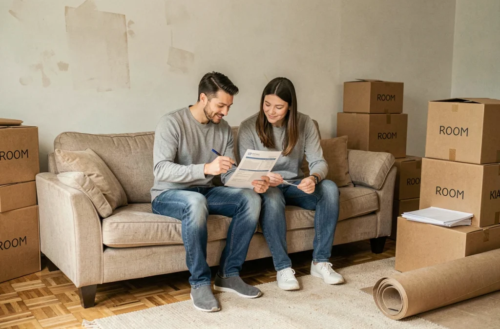 Couple remplissant un formulaire de changement d'adresse entourés de cartons de déménagement