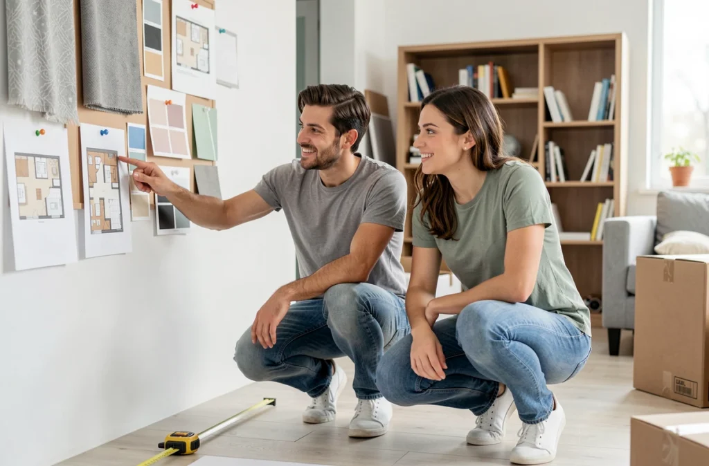 Couple planifiant ensemble leur décoration intérieure devant un tableau de moodboard avec échantillons et plans de pièce