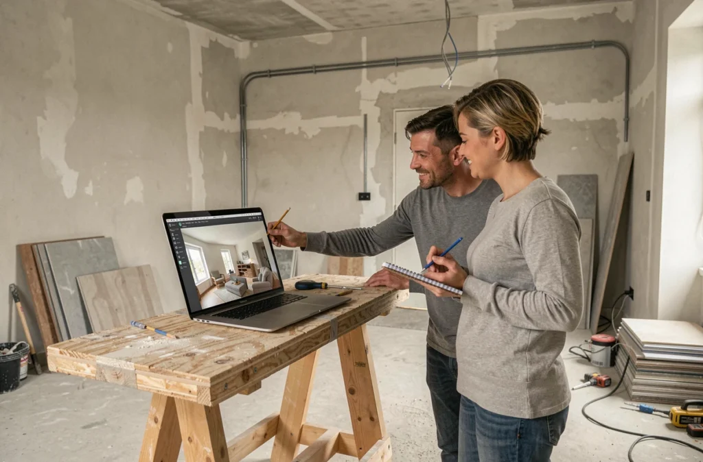 Couple en pleine rénovation comparant le rendu 3D de leur futur intérieur sur ordinateur portable dans un appartement en travaux