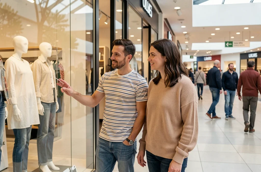 Couple consultant une vitrine de magasin dans le centre commercial Nîmes Ville Active le samedi