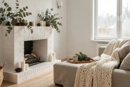 Cheminée scandinave décorée pour Noël avec des branches d'eucalyptus, des pommes de pin et des bougies blanches dans un salon minimaliste nordique