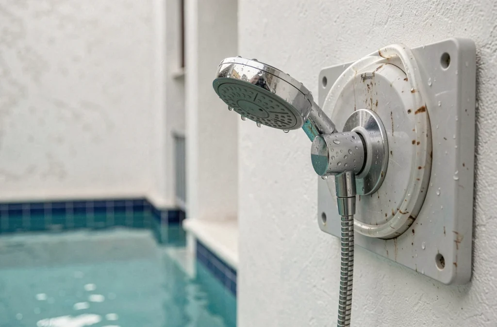 Gros plan sur le panneau solaire et la pomme de douche d'une douche solaire fixée au mur près d'une piscine carrelée