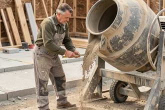 Ouvrier du bâtiment dosant du sable dans une bétonnière sur un chantier de construction pour une chape de 5 cm