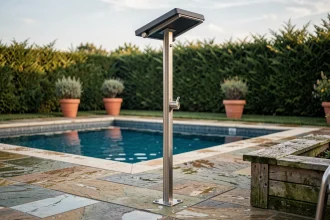Douche solaire installée en inox près d'un bassin avec carrelage en pierre naturelle et haies vertes en arrière-plan