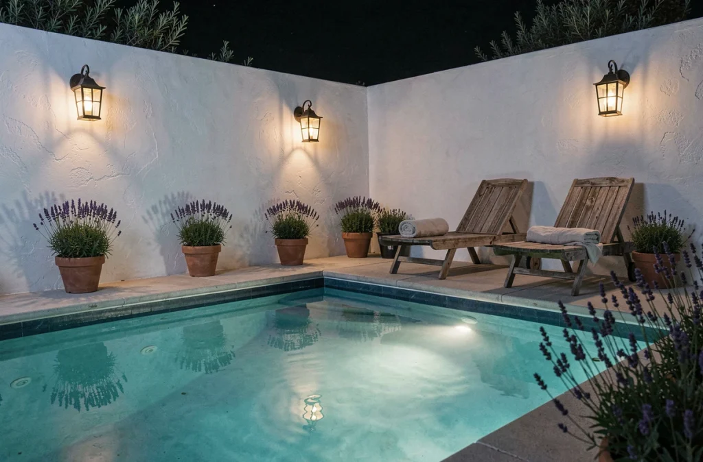 Éclairage de piscine la nuit avec spots immergés LED bleus et lanternes murales sur mur en enduit blanc dans jardin provençal