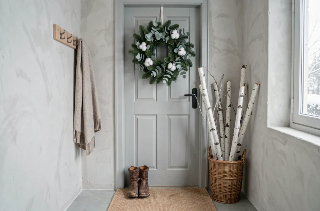 Entrée de maison décorée pour Noël dans le style scandinave avec couronne de sapin sur porte grise, branches de bouleau et bottes en cuir sur tapis en jute