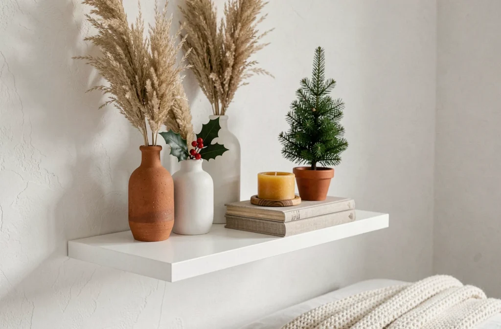 Vignette décorative de Noël scandinave sur une étagère blanche avec vases en céramique, herbes séchées, petit sapin en pot et bougie en cire d'abeille