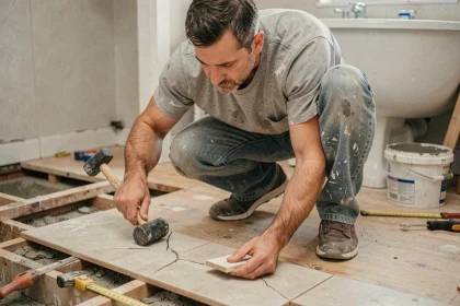 Artisan amateur en train d'évaluer un carrelage fissuré dans une salle de bain en rénovation partielle, avec des outils éparpillés autour de lui