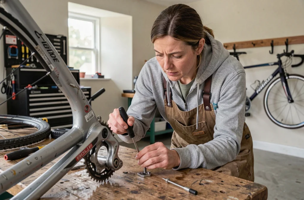 Femme utilisant un extracteur de vis pour retirer un boulon foiré sur un vélo dans un garage domestique