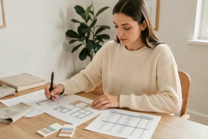 Femme consultant un budget de décoration intérieure sur un bureau en chêne avec des échantillons de tissu et des croquis