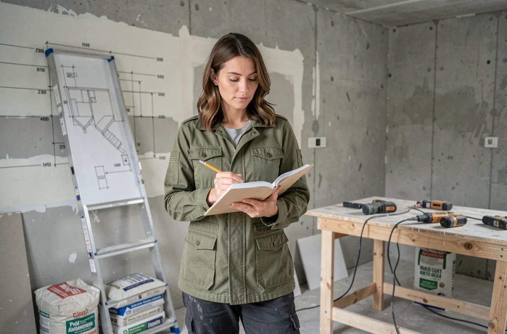 Femme artisan amateur analysant les plans de rénovation d'une cuisine inachevée avec carnet et crayon, entourée d'outils de construction