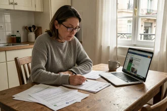 Femme consultant des documents administratifs pour préparer un déménagement à la table de cuisine