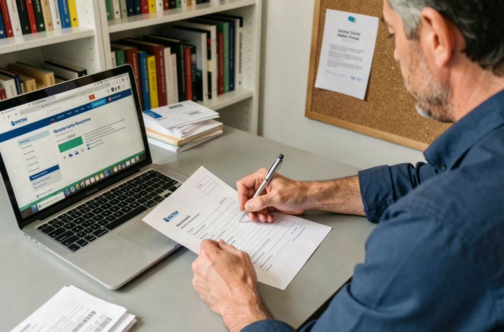 Homme remplissant un formulaire de réexpédition de courrier à son bureau à domicile
