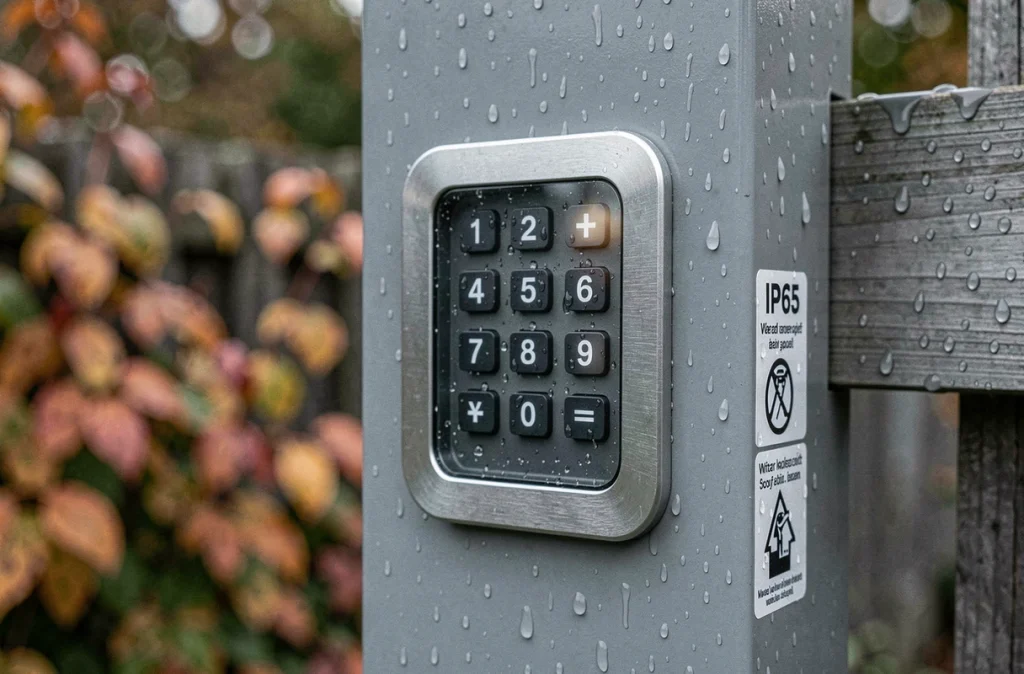 Gros plan d'un digicode étanche IP65 avec condensation sur portail PVC gris en jardin d'automne