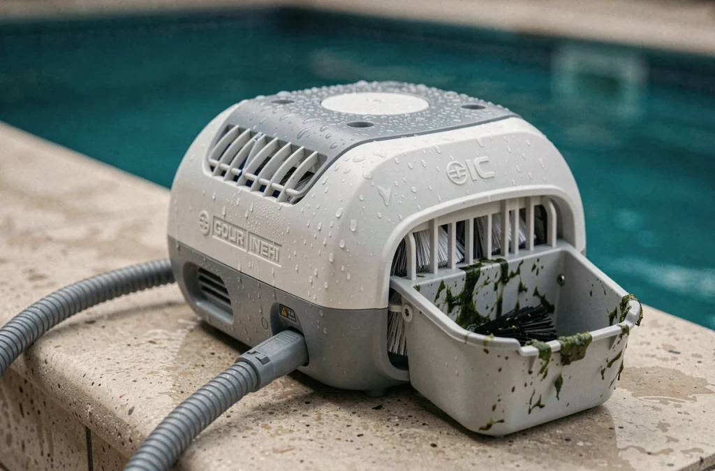 Gros plan détaillé d'un robot nettoyeur de piscine posé sur le bord avec gouttes d'eau et brosse mécanique visible
