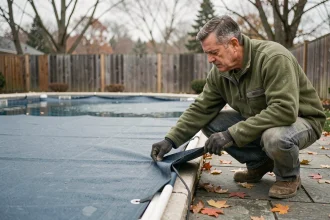 Homme installant une bâche hivernale sur une piscine extérieure entourée de feuilles d'automne