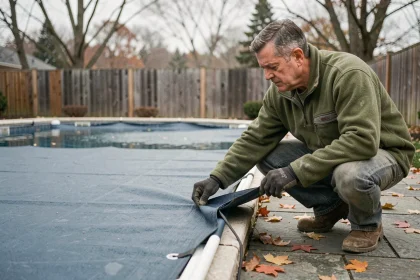 Homme installant une bâche hivernale sur une piscine extérieure entourée de feuilles d'automne