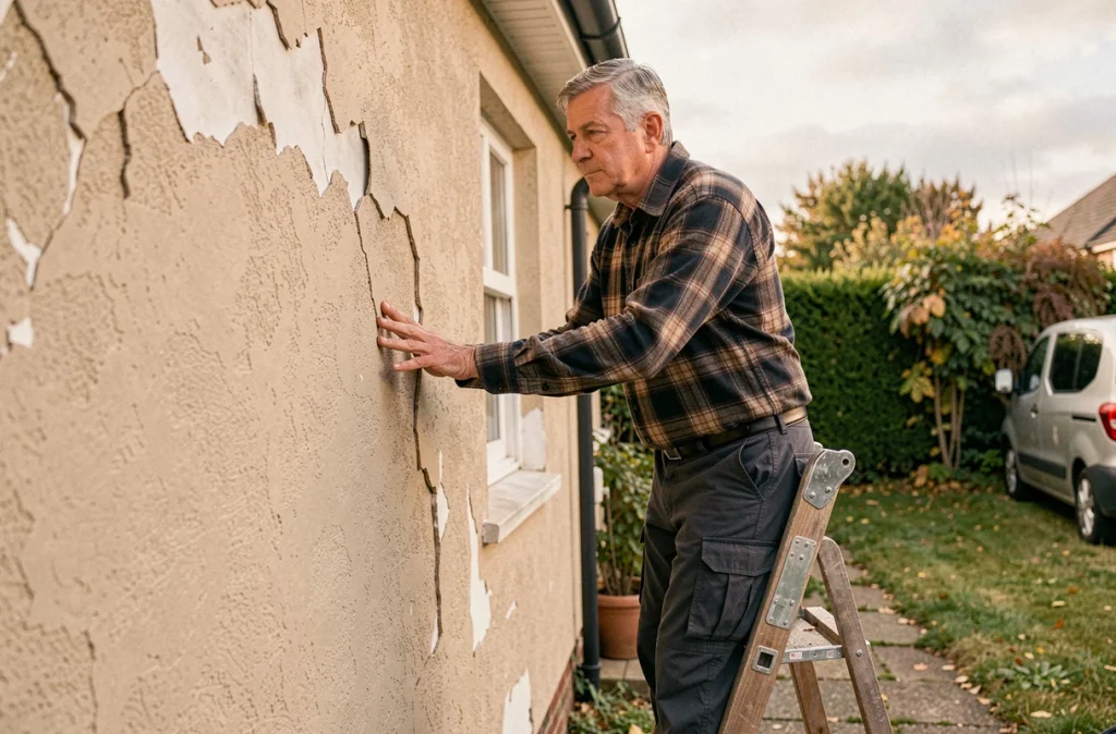 Homme seul sur une échelle inspectant un crépi extérieur dégradé d'une maison de banlieue, évaluant les travaux de rénovation à réaliser