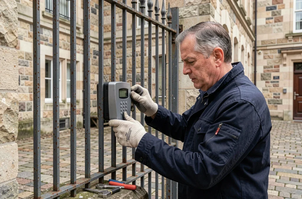 Technicien installant un digicode étanche sur un portail en fer forgé dans une cour urbaine