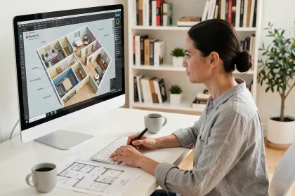 Femme utilisant un logiciel d'architecture 3D gratuit pour concevoir le plan d'un appartement sur ordinateur