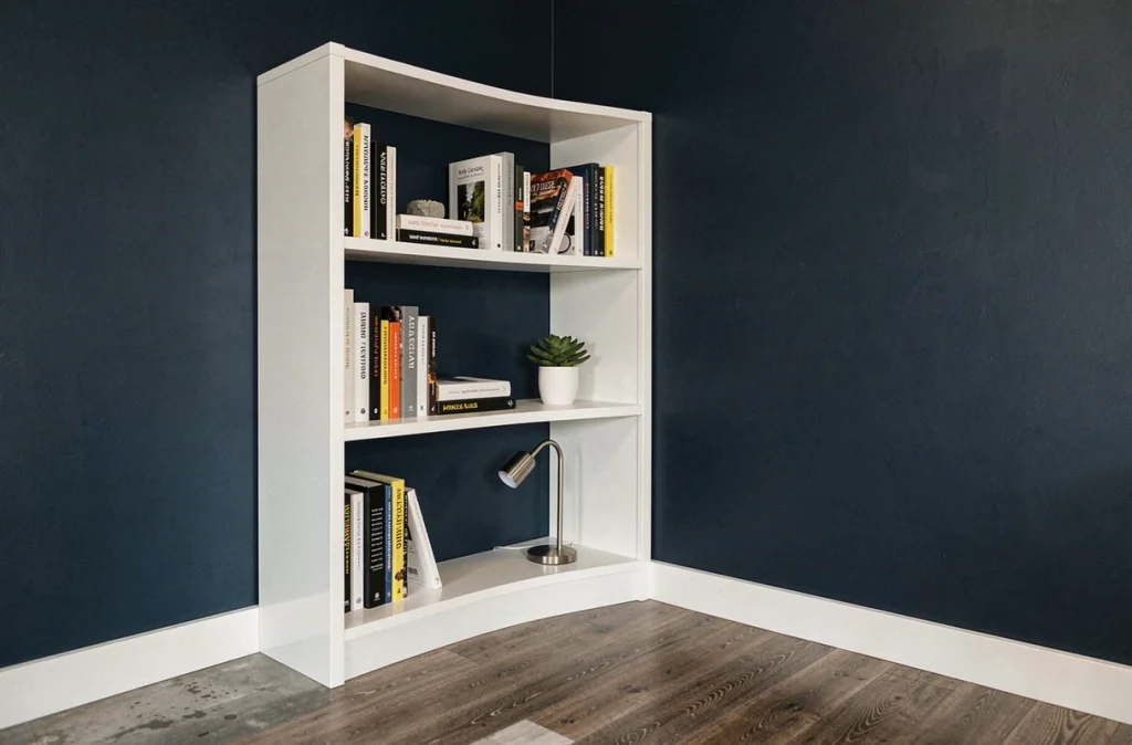 Meuble d'angle blanc brillant dans un bureau à domicile aux murs bleu marine pour optimiser un petit espace