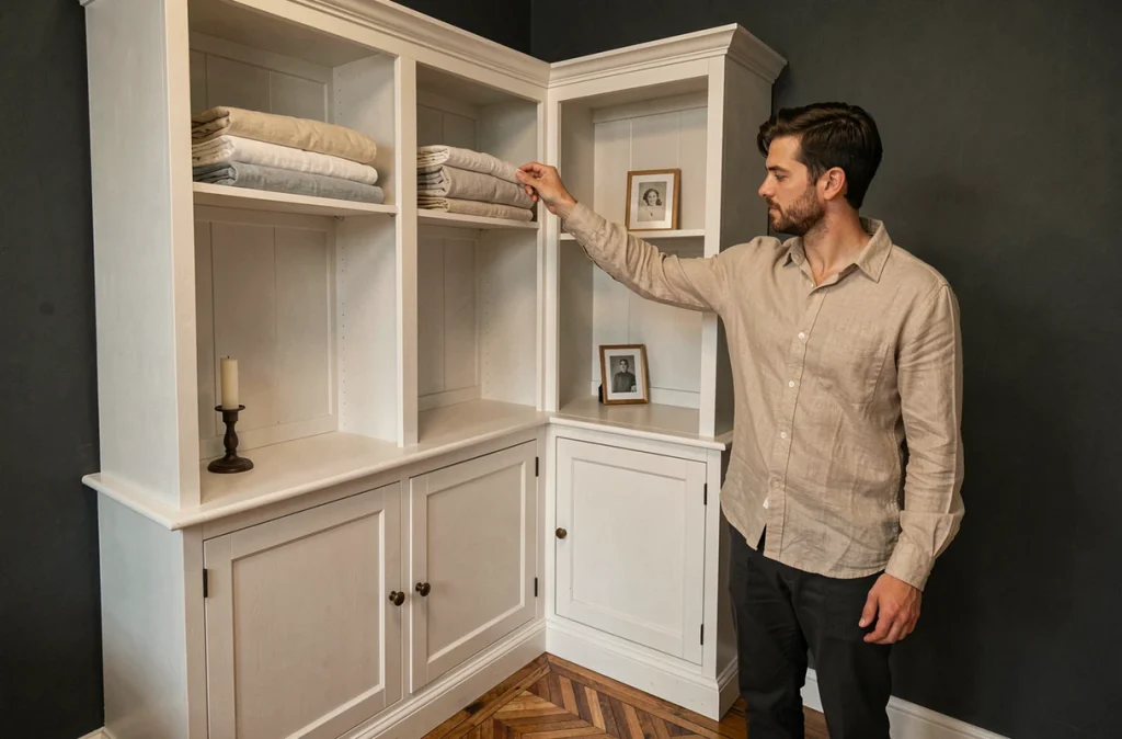 Personne arrangeant un meuble d'angle blanc dans une chambre aux murs anthracite pour valoriser l'espace