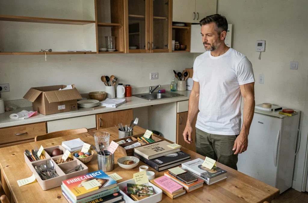 Homme organisant ses affaires de cuisine sur une table avant un déménagement