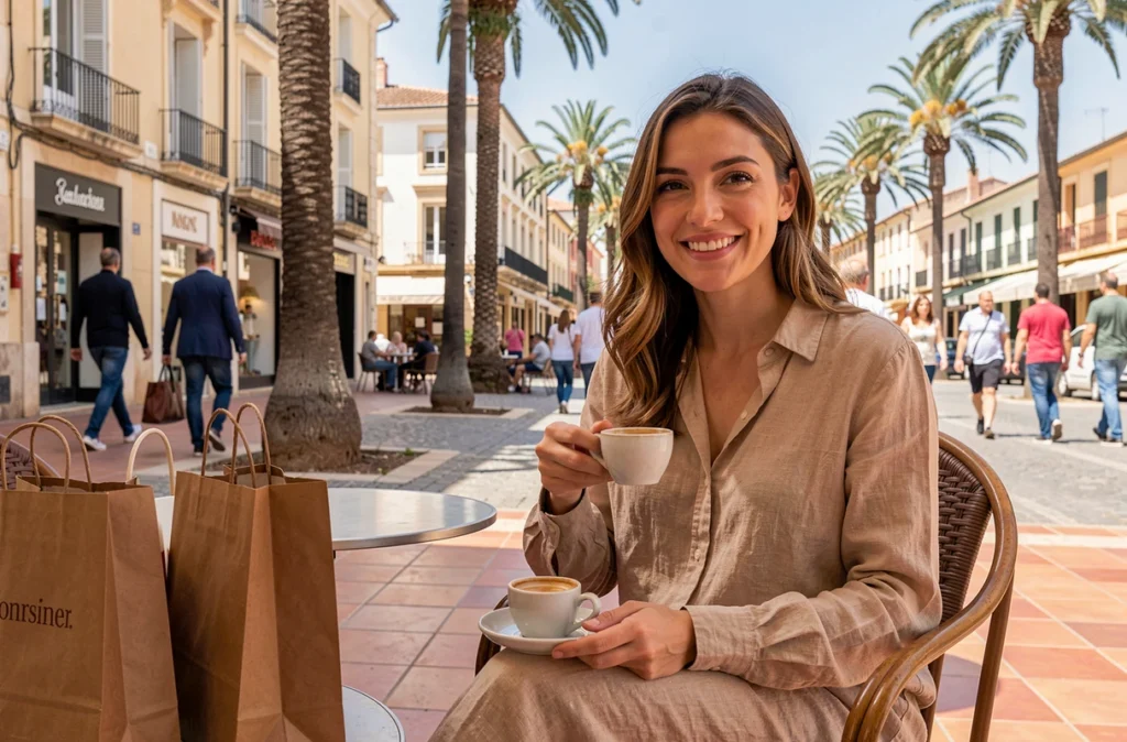 Femme faisant une pause café en terrasse lors d'une session shopping à Nîmes le samedi, avec des sacs de boutiques