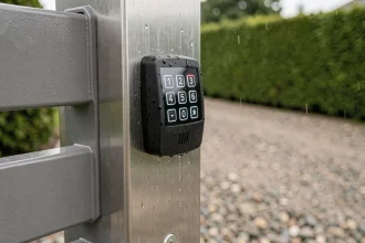Portail extérieur avec digicode étanche sur poteau en acier inoxydable brossé après la pluie