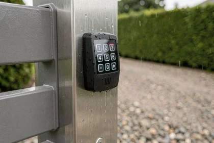 Portail extérieur avec digicode étanche sur poteau en acier inoxydable brossé après la pluie