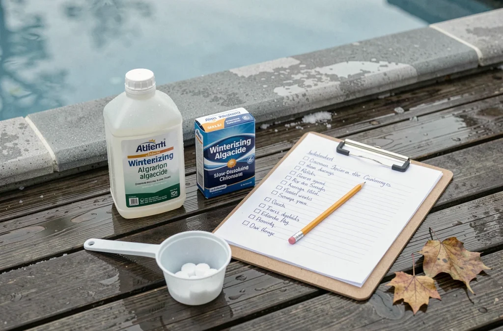 Produits chimiques d'hivernage piscine disposés sur le bord du bassin avec une liste de contrôle