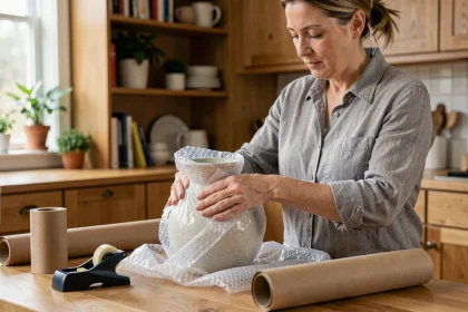 Femme emballant un vase en céramique fragile avec du papier bulle pour le protéger lors d'un déménagement