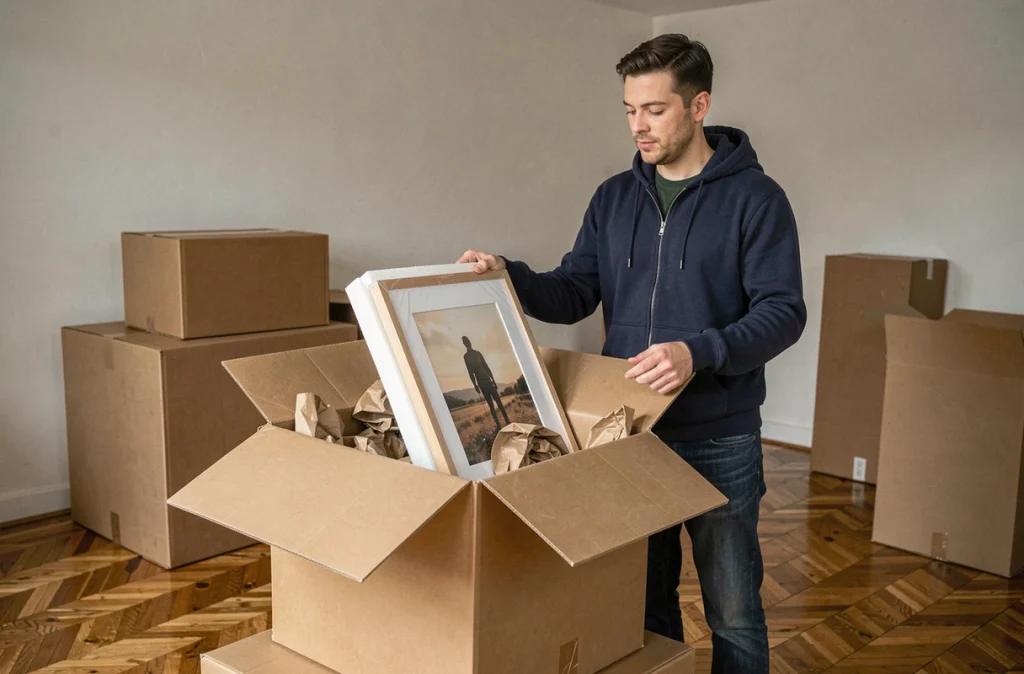 Homme rangeant un tableau encadré dans un carton de déménagement avec des protections en mousse et papier kraft