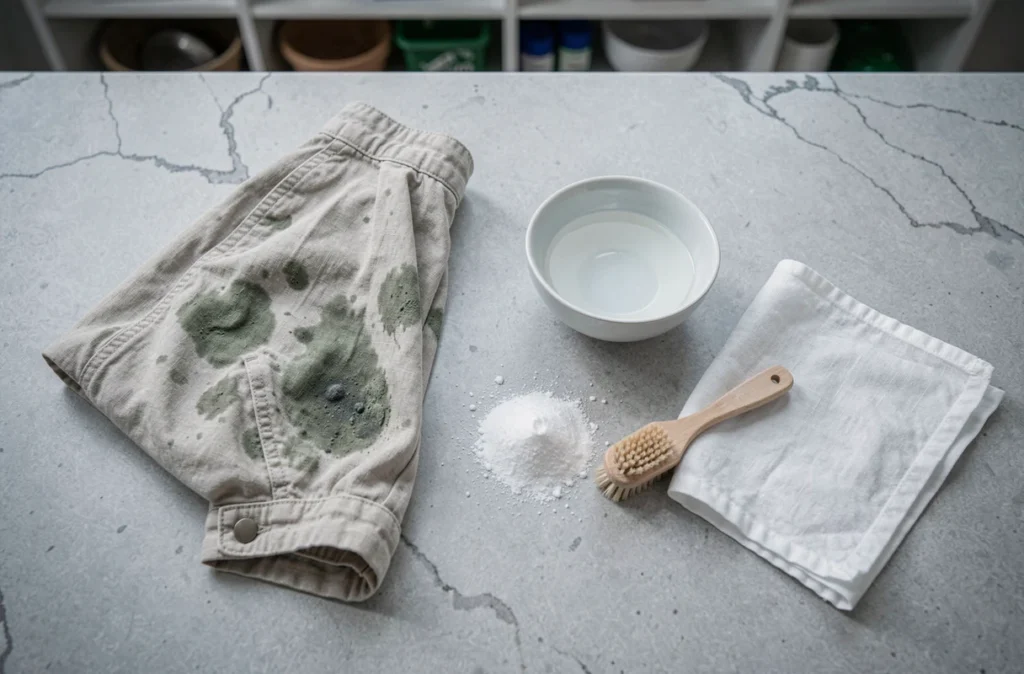 Veste en lin avec tache de moisissure entourée de remèdes naturels comme le vinaigre blanc et le bicarbonate