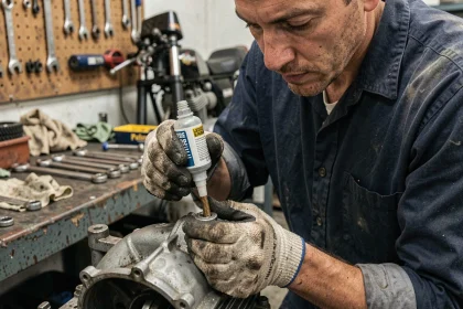 Mécanicien appliquant de l'huile dégrippante sur une vis foirée d'un moteur de moto dans un atelier