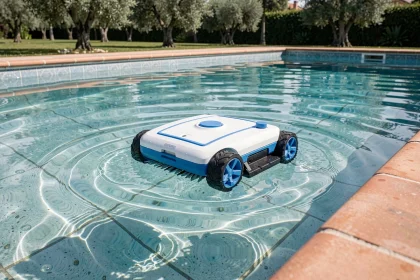 Robot aspirateur autonome nettoyant le fond d'une piscine familiale à travers l'eau claire et scintillante