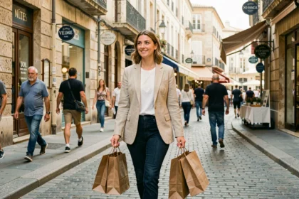Femme faisant du shopping dans une rue commerçante de Nîmes un samedi, portant des sacs en papier devant des boutiques en pierre