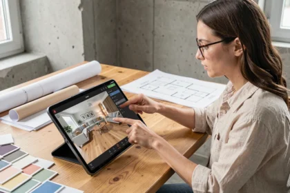 Femme utilisant un logiciel de simulation d'intérieur sur tablette pour planifier une rénovation complète de son salon