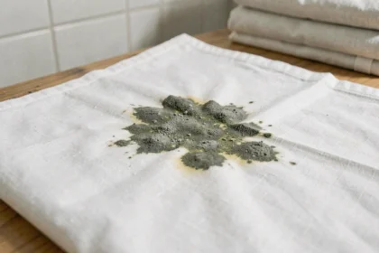 Tache de moisissure noire et verte sur taie d'oreiller blanche posée sur une table en bois
