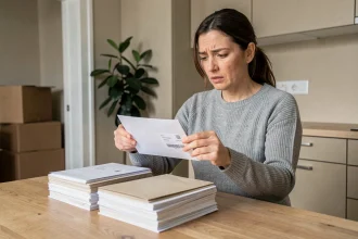 Femme triant son courrier sur une table en bois avec des cartons de déménagement en arrière-plan